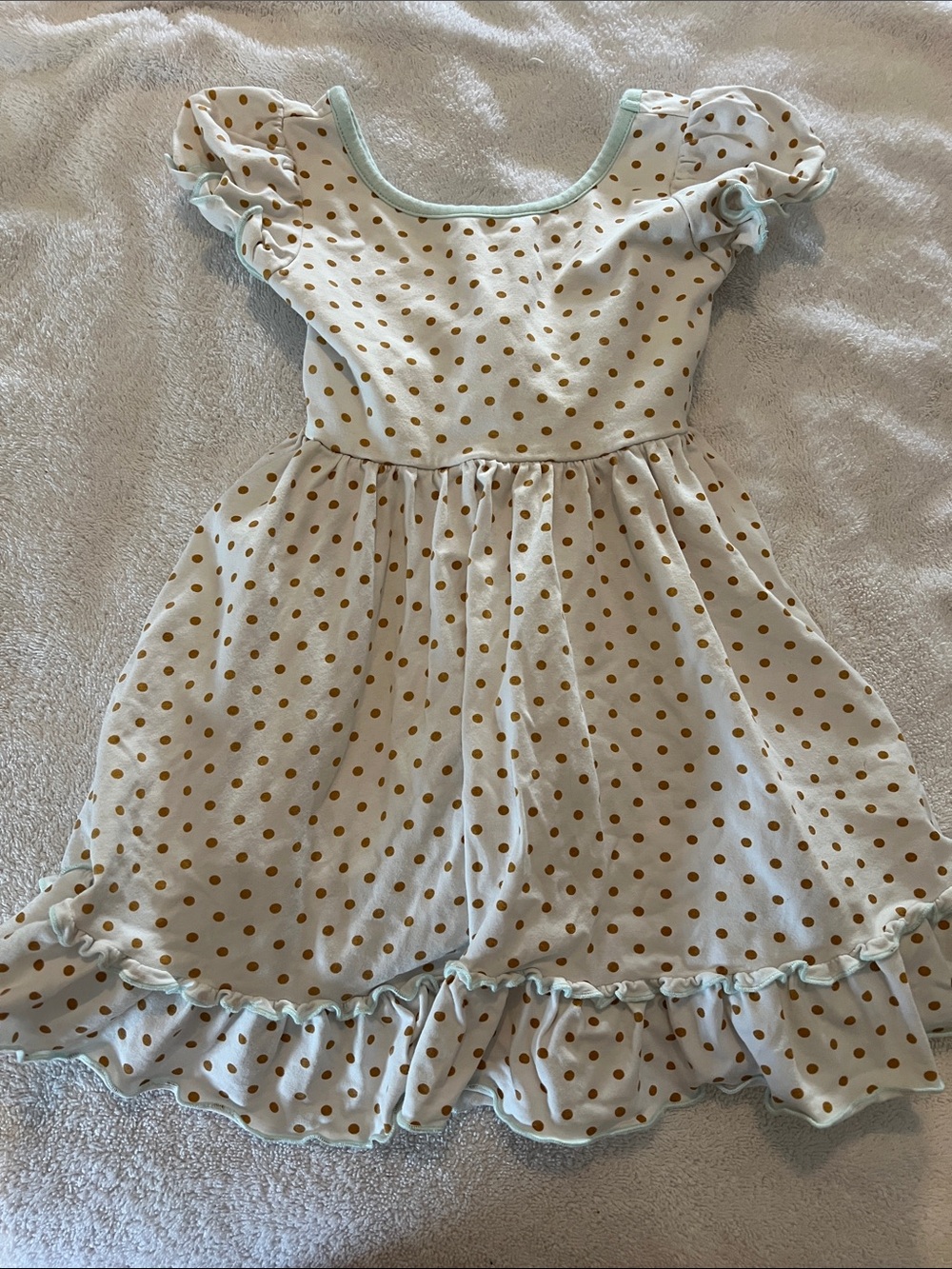 SweetHoney Cream Dress with Gold Polka Dots and Mint Trim